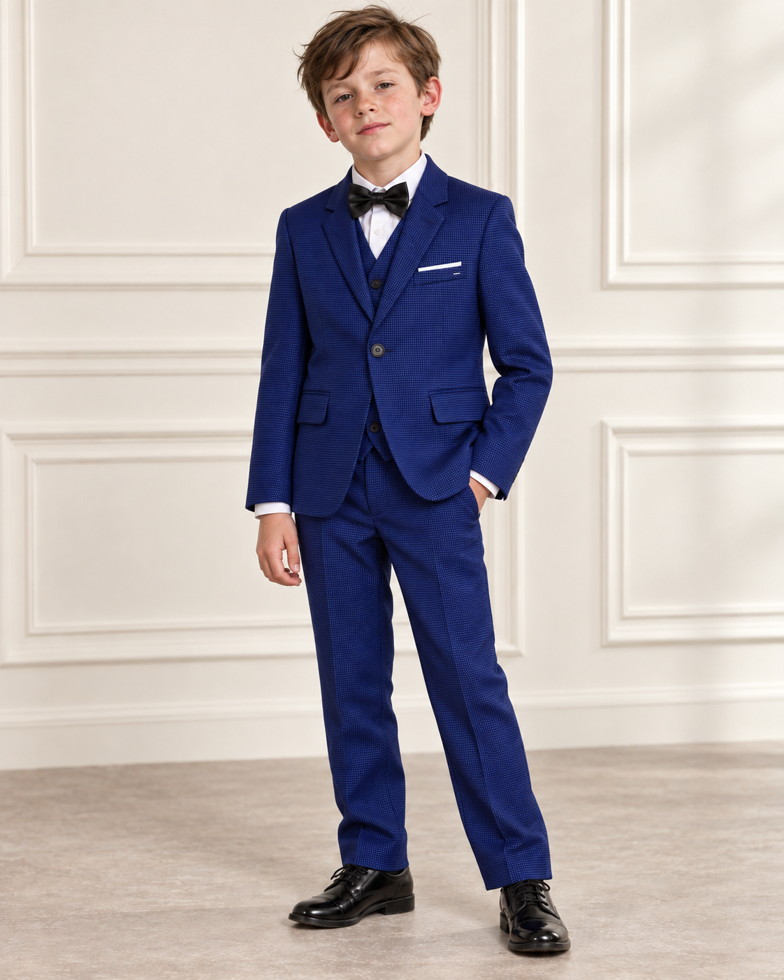 White boy modeling Boys Midnight Blue 3-Piece Suit - front view